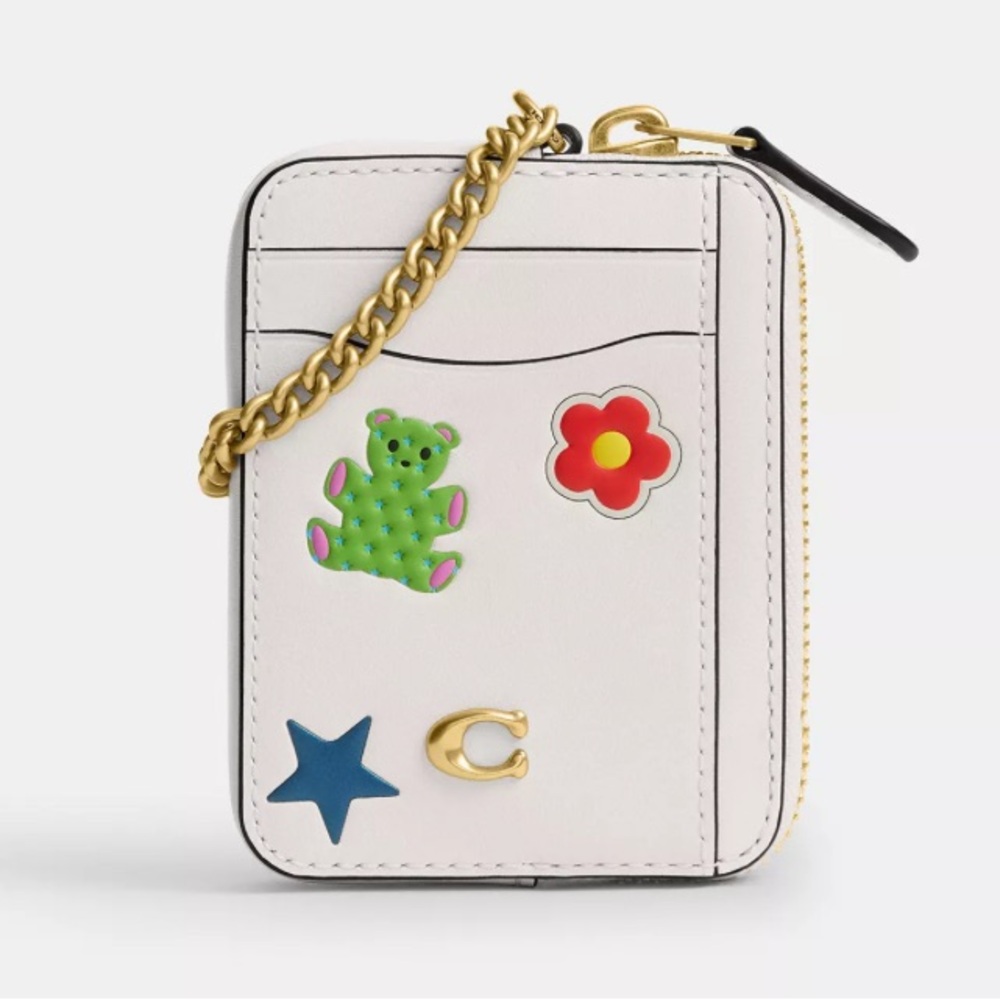 Coach White Card Case with Gold Chain